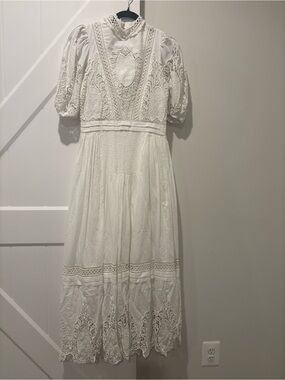 Anthropologie White Lace Maxi Dress with Puff Sleeves